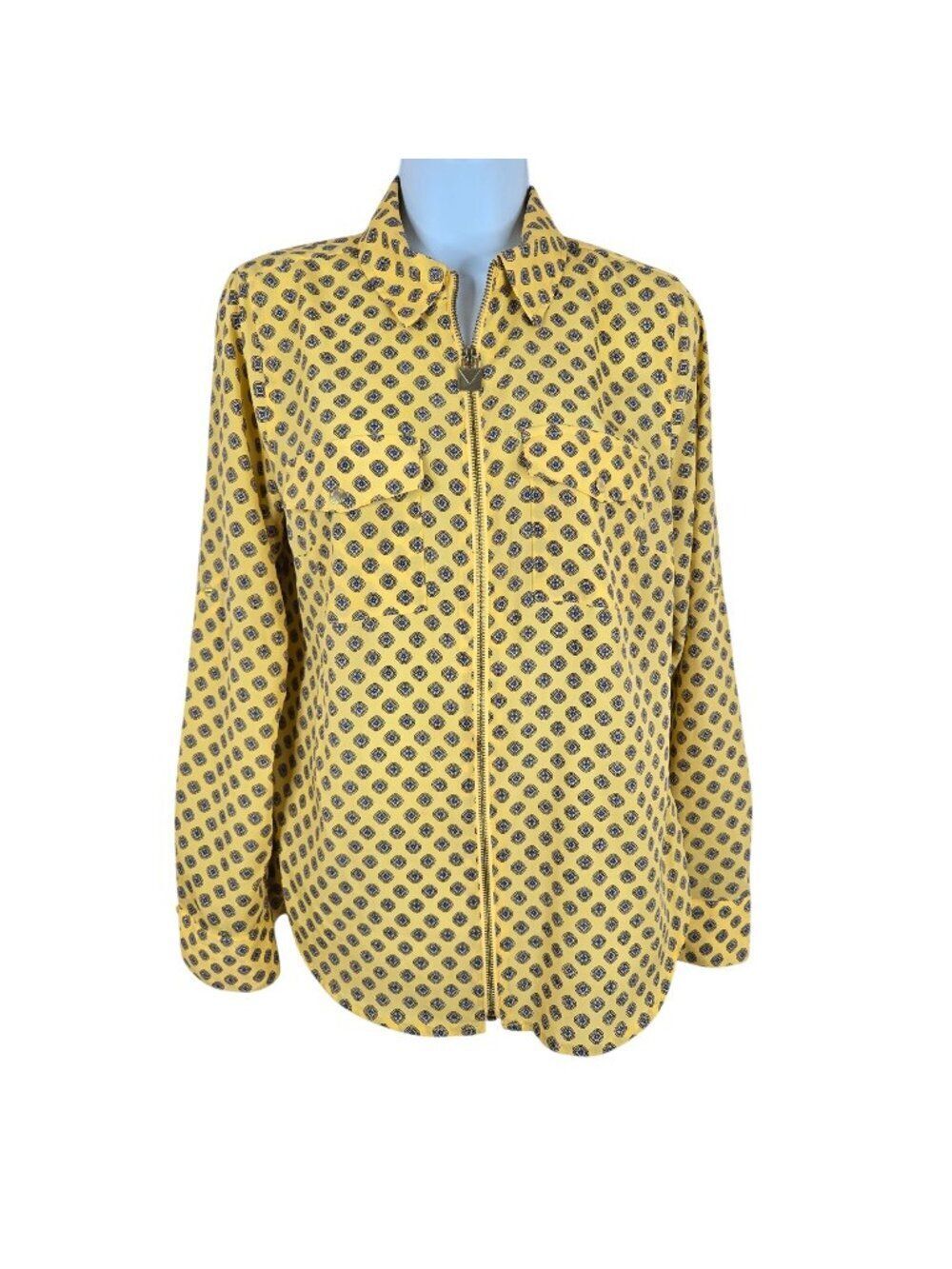 Michael Kors Womens Yellow Patterned Zip Front Blouse Size M